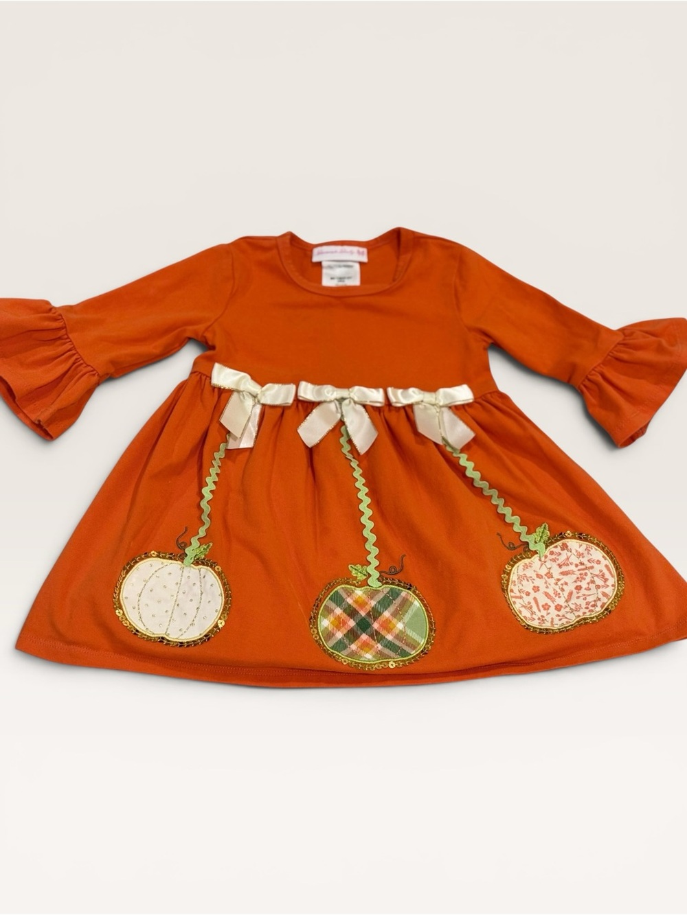 +NWOT Bonnie Baby Girl Pumpkin Applique Fall Dress 24M Orange Bell Sleeve